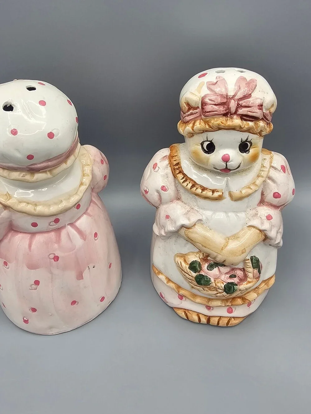 Vintage Ceramic Bear Salt and Pepper Shakers with Floral Basket Design